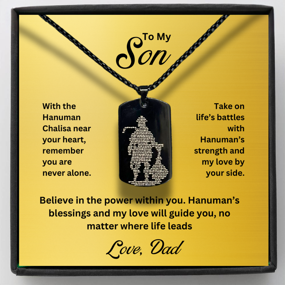 To My Son - Hanuman Chalisa MicroCarved Tag Necklace